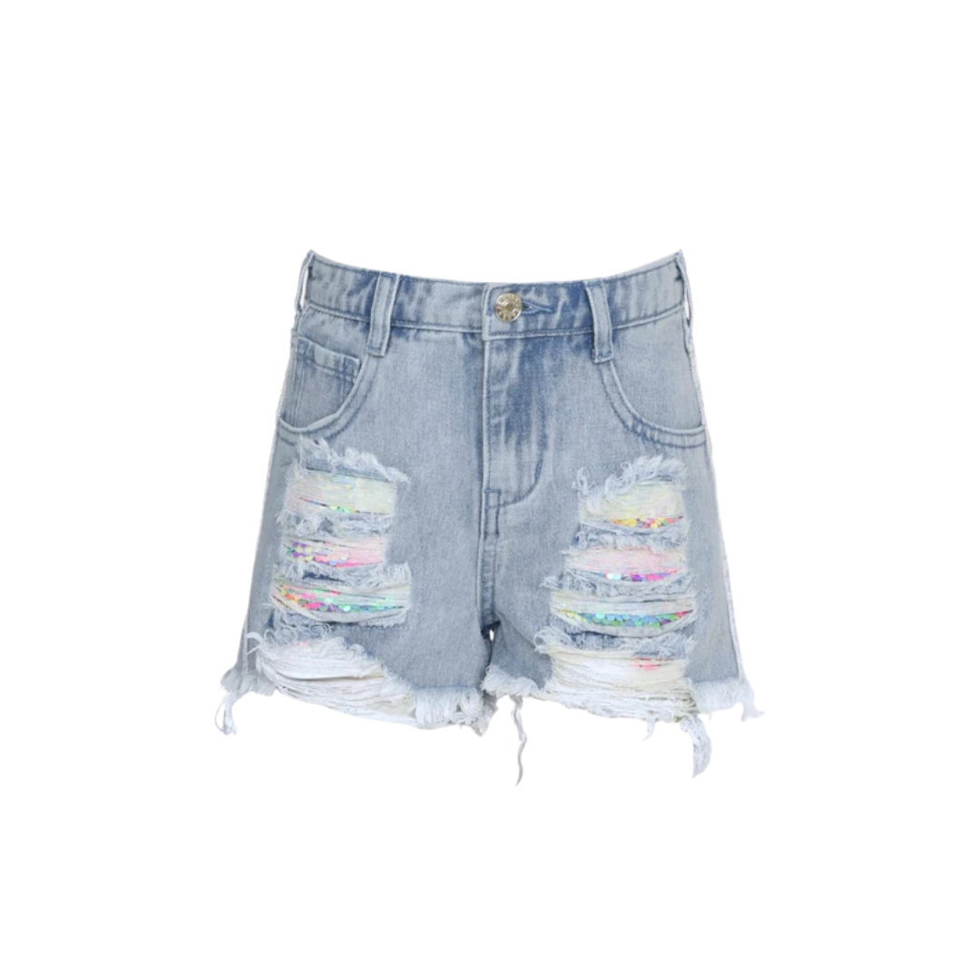 Sequin Distressed Denim Shorts
