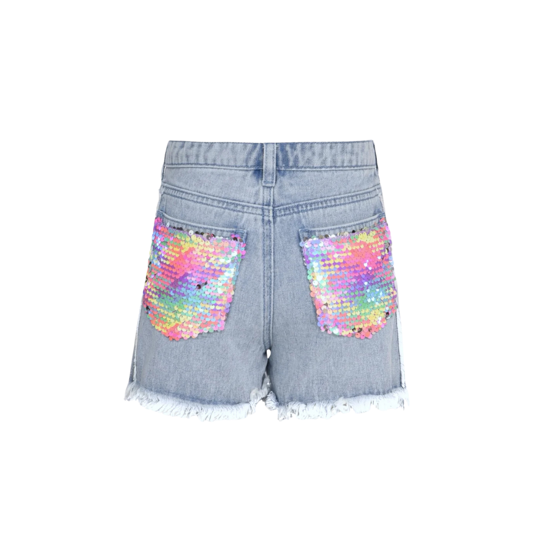 Sequin Distressed Denim Shorts