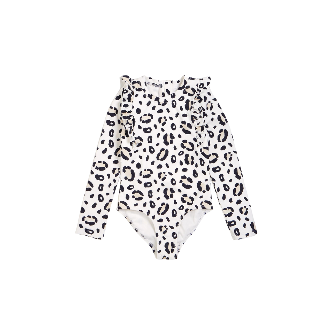 Cheetah Print Ruffle-trim LS Swimsuit